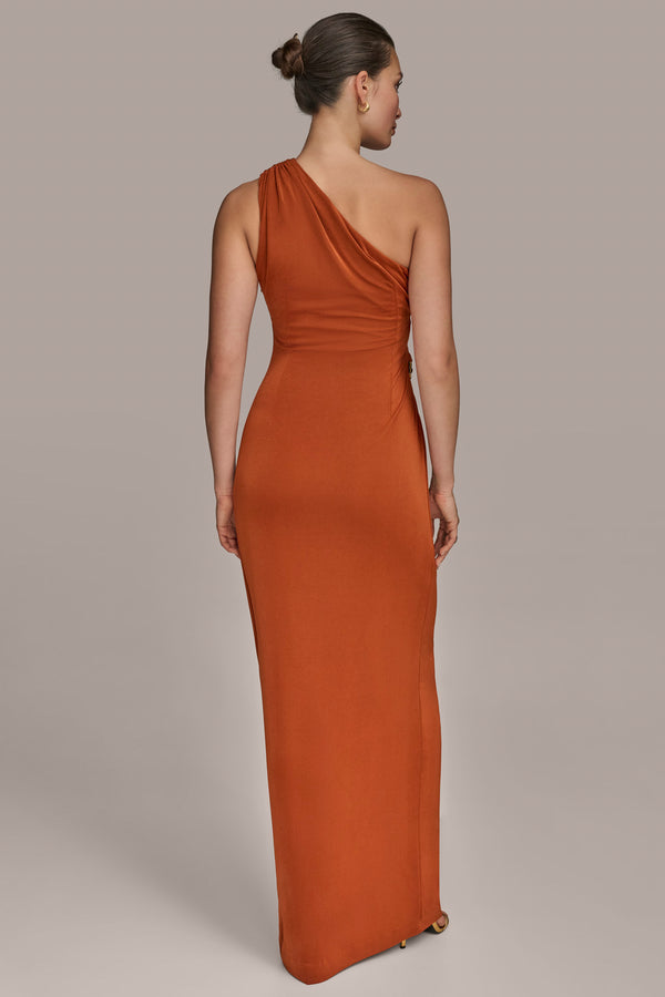 Donna Karan ONE SHOULDER EMBELLISHED GOWN Cinnamon