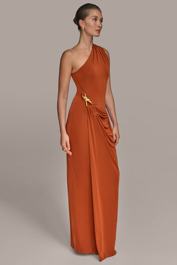 Donna Karan ONE SHOULDER EMBELLISHED GOWN Cinnamon