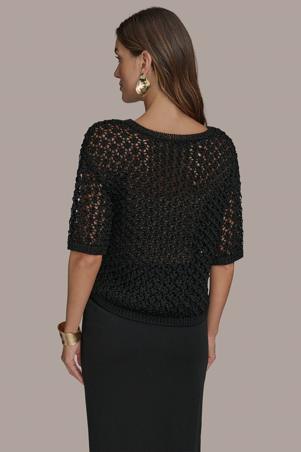 Donna Karan OPEN STITCH CREW NECK TOP Black