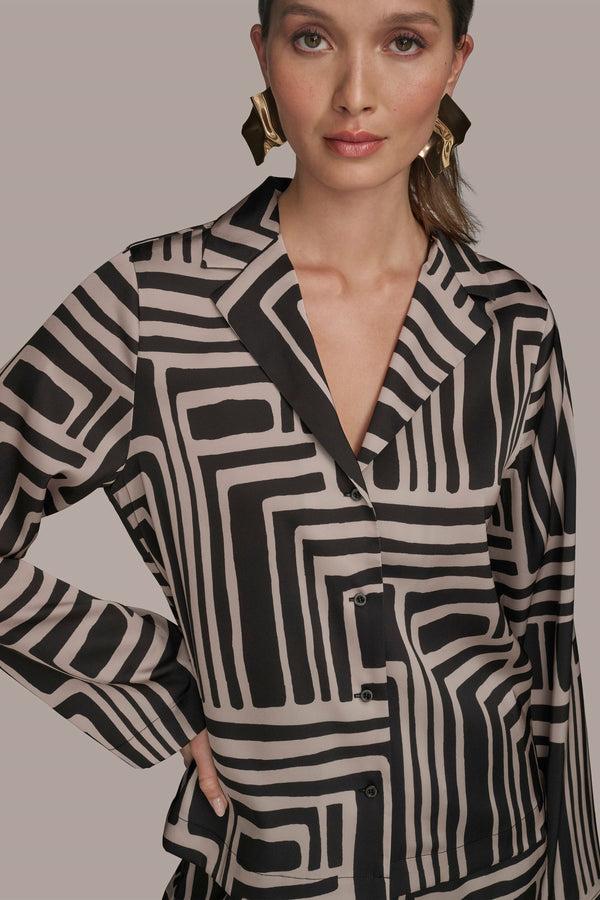 Donna Karan PAJAMA STYLE SHIRT Black/Sand Combo