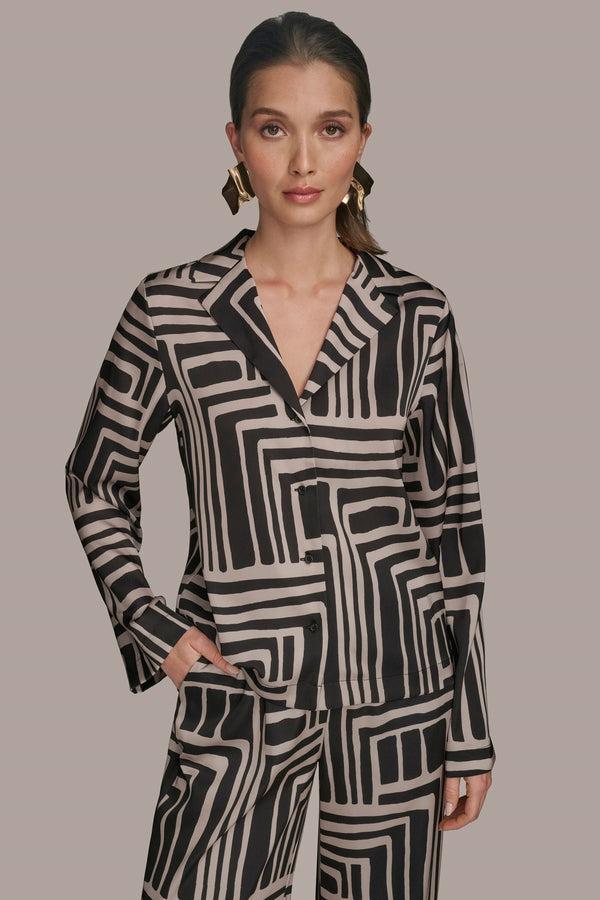 donna karan PAJAMA STYLE SHIRT Black/Sand Combo