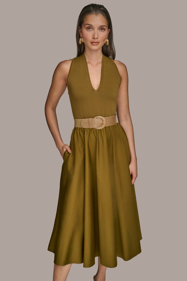 Donna Karan PANELED BELTED MIDI DRESS Smokey Olive