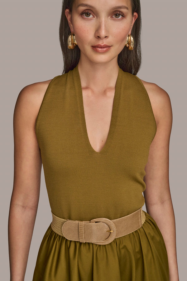 Donna Karan PANELED BELTED MIDI DRESS Smokey Olive