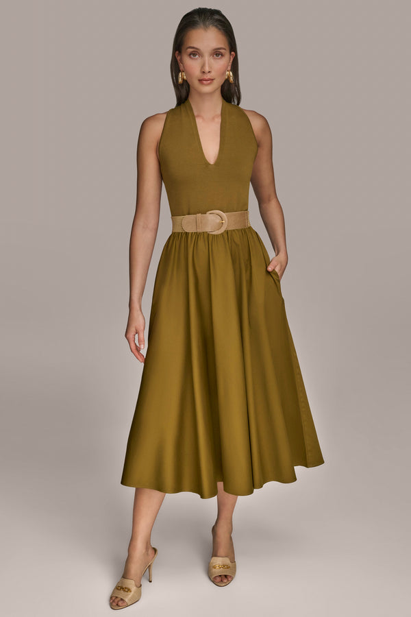 donna karan PANELED BELTED MIDI DRESS Smokey Olive