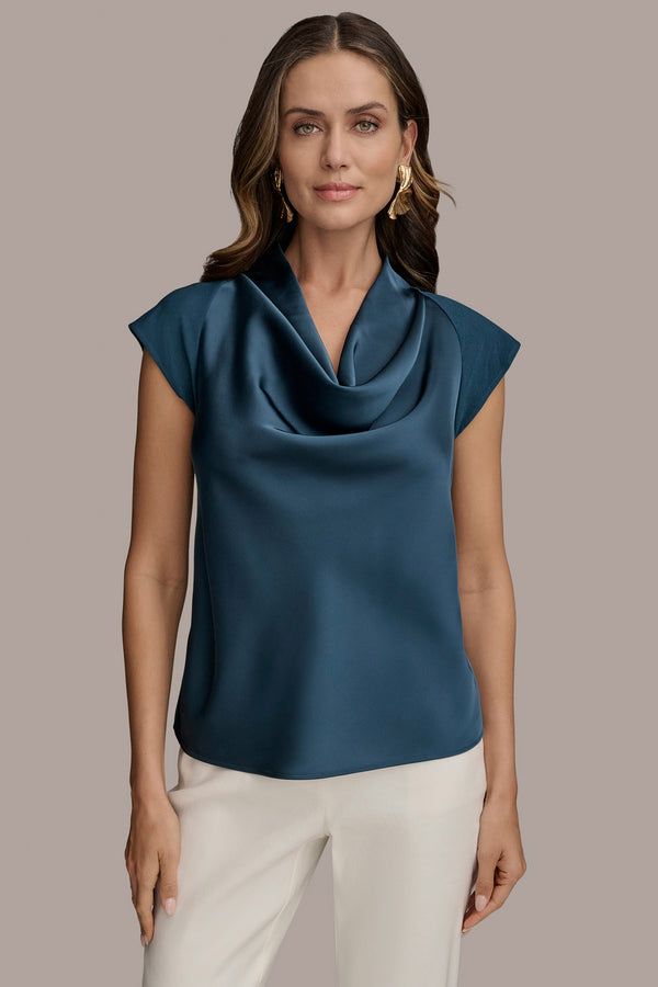 donna karan PANELED COWL NECK TOP Tide Navy
