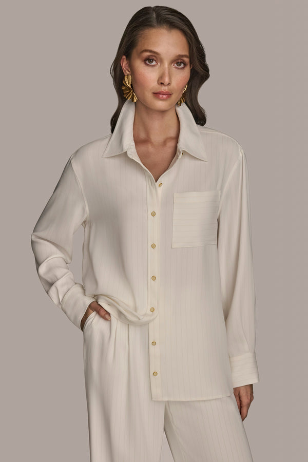 donna karan PINSTRIPE BLOUSE CREAM/TUSCAN GREY
