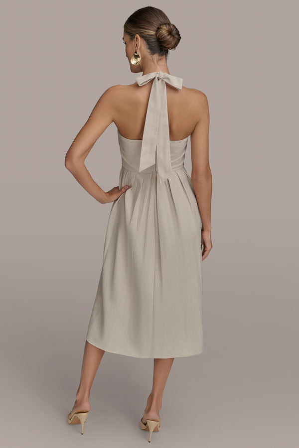 Donna Karan PLEATED HALTERNECK MIDI DRESS Natural