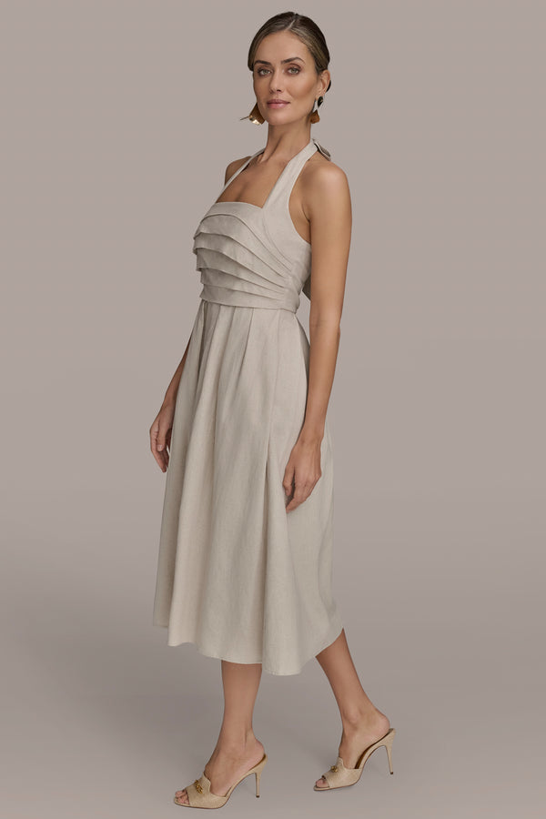 Donna Karan PLEATED HALTERNECK MIDI DRESS Natural