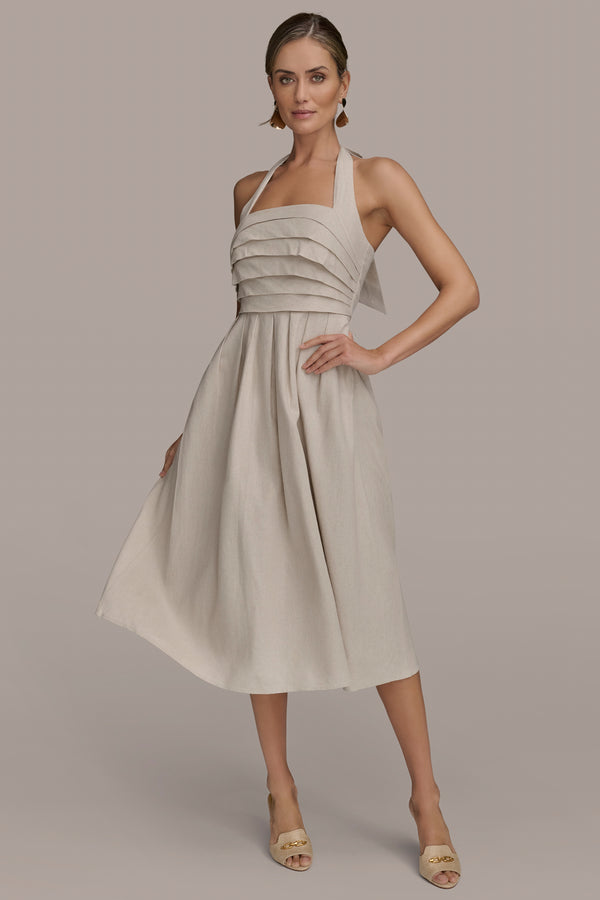 Donna Karan PLEATED HALTERNECK MIDI DRESS Natural