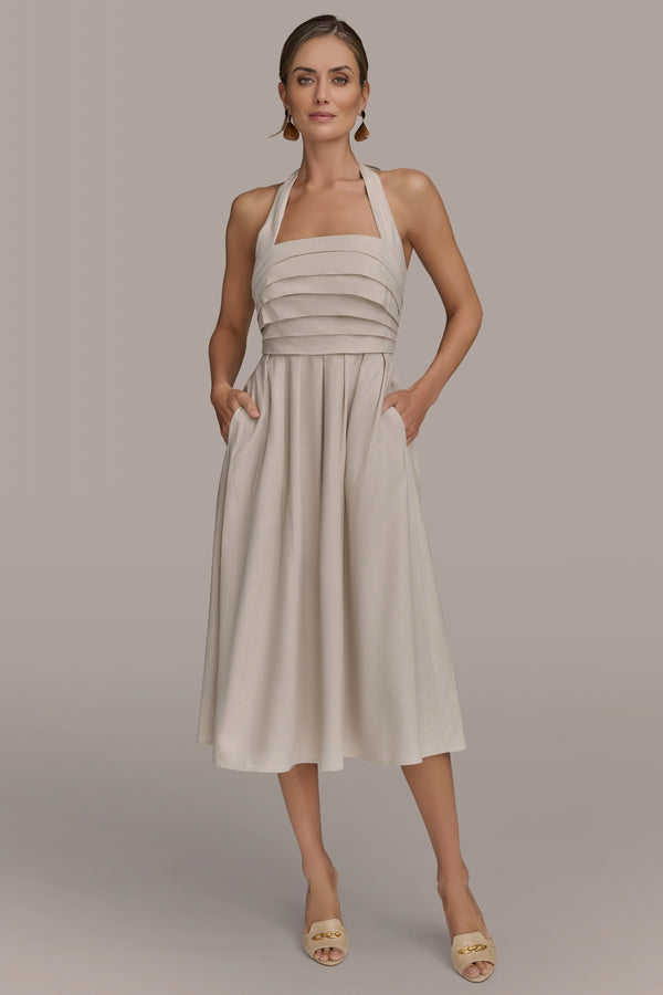 donna karan PLEATED HALTERNECK MIDI DRESS Natural