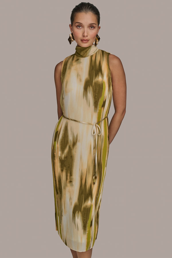 Donna Karan PLEATED MIDI DRESS Smokey Olive Multi