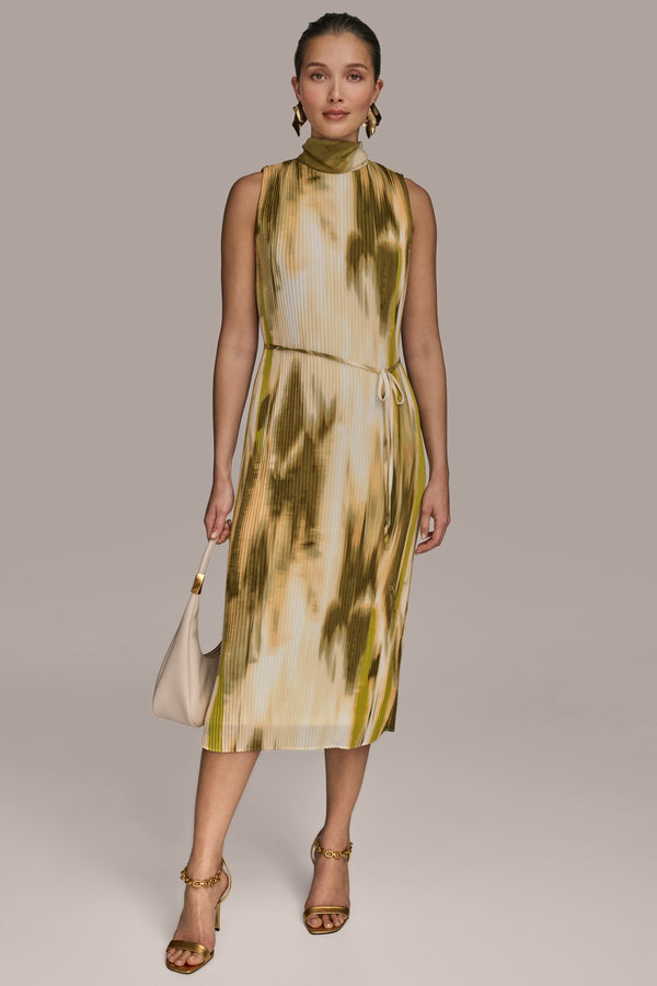 donna karan PLEATED MIDI DRESS Smokey Olive Multi