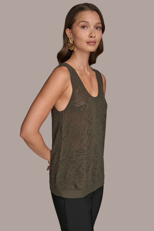 Donna Karan POINTELLE LACE-KNIT TANK DARK MINERAL