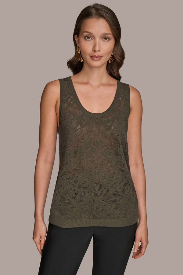 donna karan POINTELLE LACE-KNIT TANK DARK MINERAL