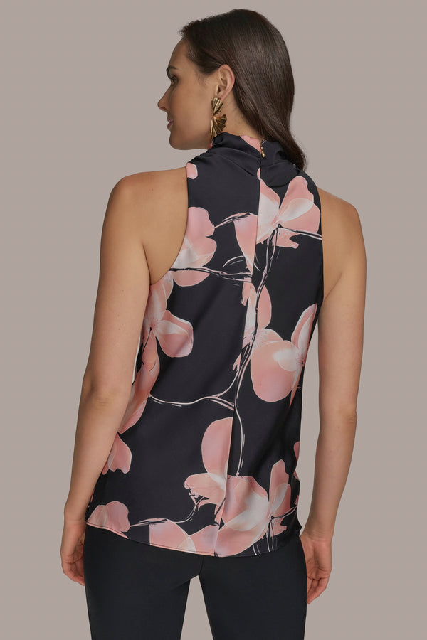 Donna Karan PRINT HIGH DRAPE NECK TOP BLACK MULTI