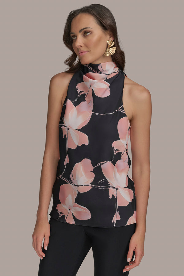 donna karan PRINT HIGH DRAPE NECK TOP BLACK MULTI