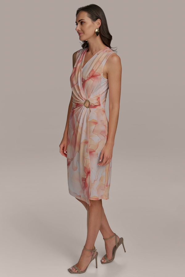 Donna Karan PRINT V-NECK DRESS APRICOT MULTI