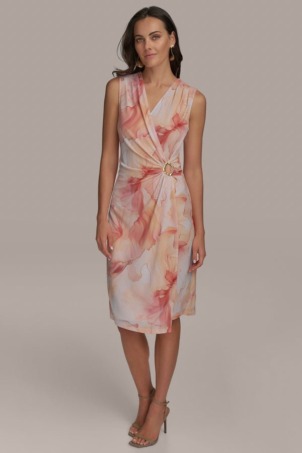 donna karan PRINT V-NECK DRESS APRICOT MULTI