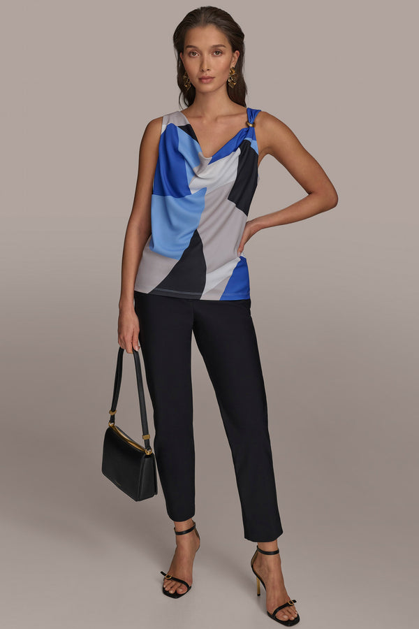 Donna Karan PRINTED COWL NECK TOP CIELO MULTI