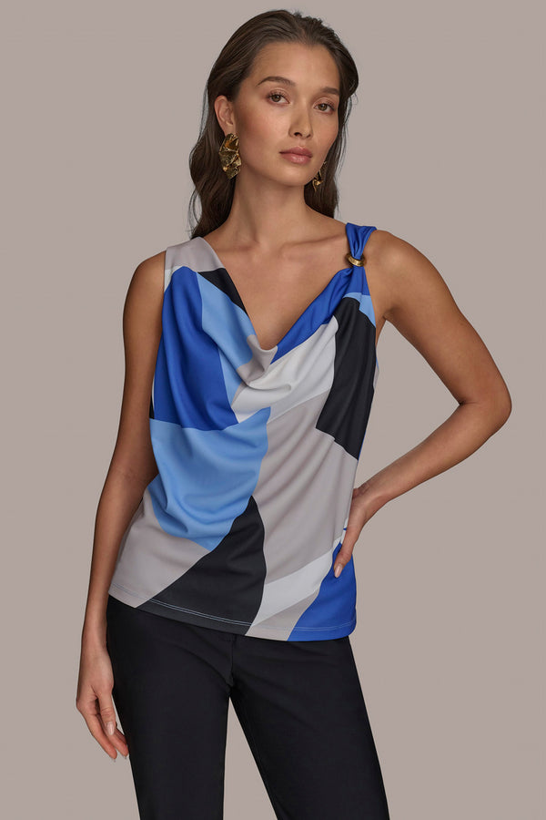 donna karan PRINTED COWL NECK TOP CIELO MULTI
