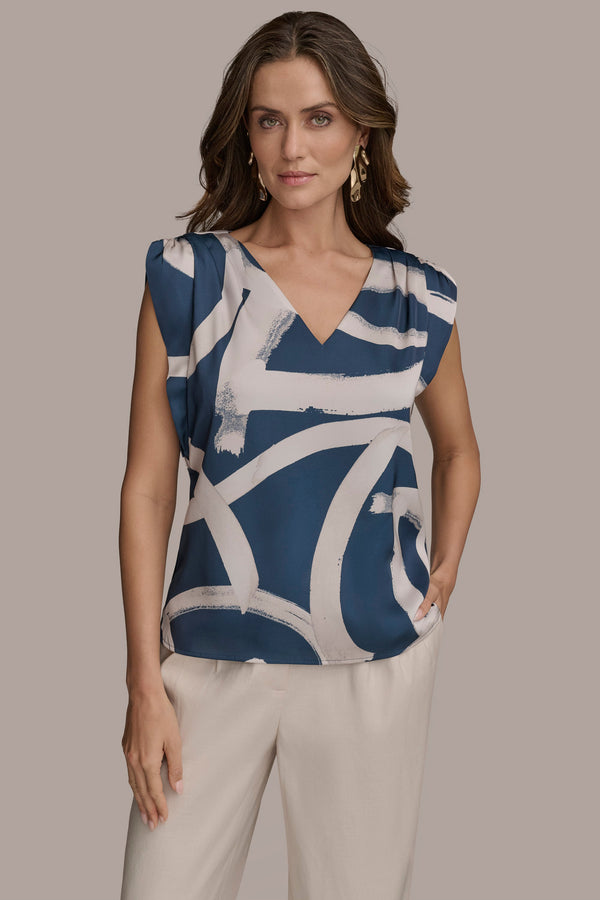 donna karan PRINTED GATHERED TOP Tide/Sand