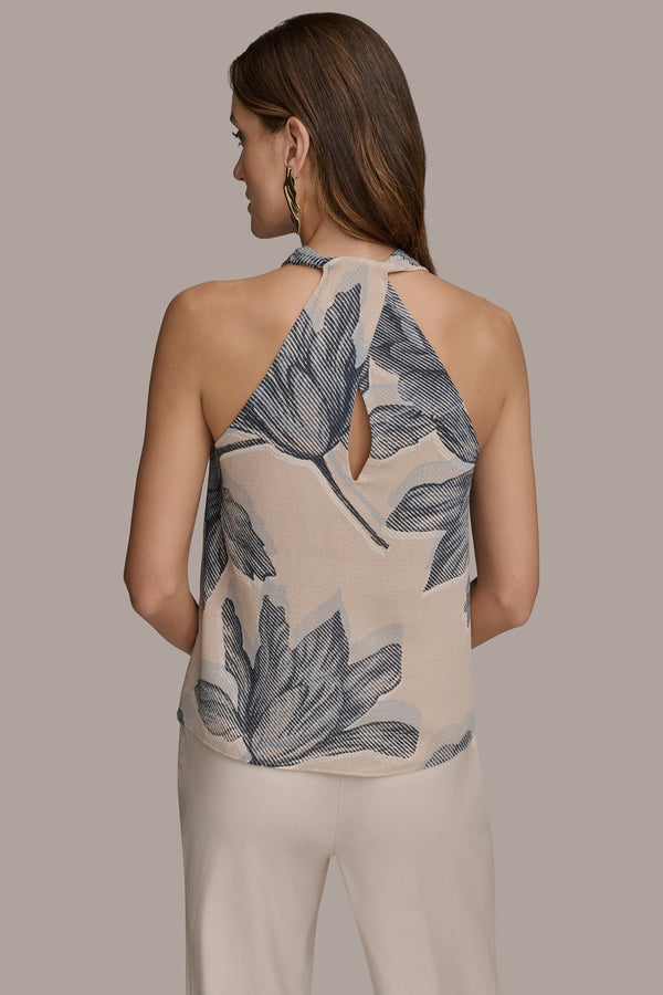 Donna Karan PRINTED TWIST-BACK TOP Sand Combo