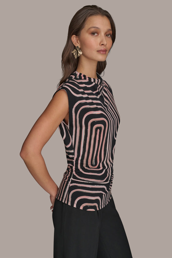 Donna Karan RUCHED WAIST MOCKNECK TOP Black