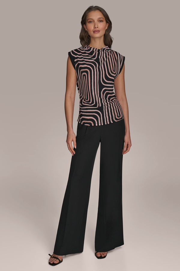 Donna Karan RUCHED WAIST MOCKNECK TOP Black