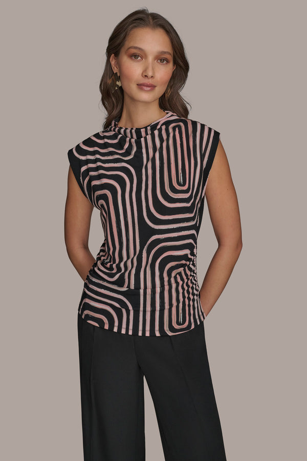 donna karan RUCHED WAIST MOCKNECK TOP Black