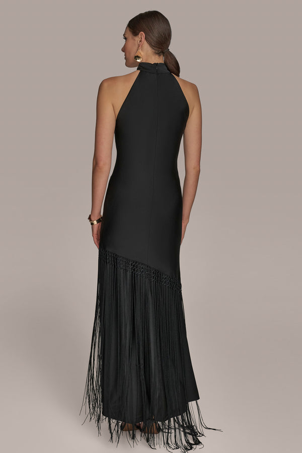 Donna Karan SATIN A LINE GOWN WITH FRINGE Black