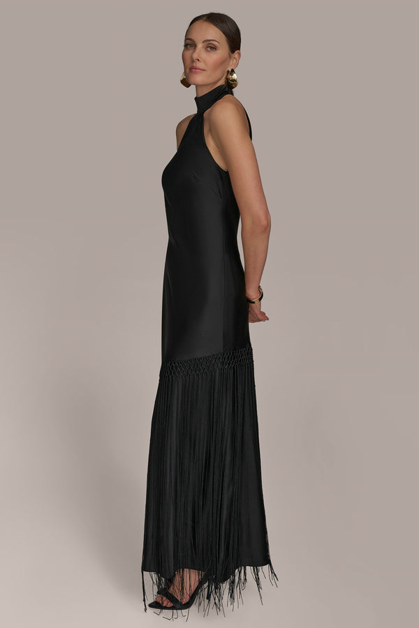 Donna Karan SATIN A LINE GOWN WITH FRINGE Black