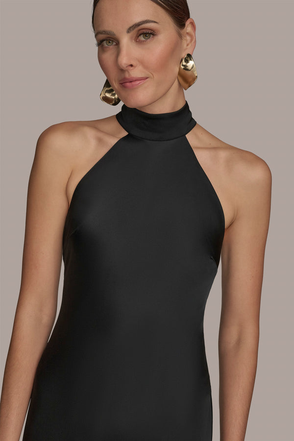 Donna Karan SATIN A LINE GOWN WITH FRINGE Black