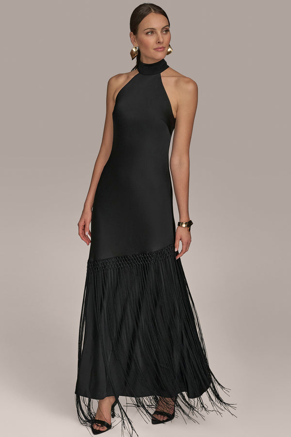 donna karan SATIN A LINE GOWN WITH FRINGE Black