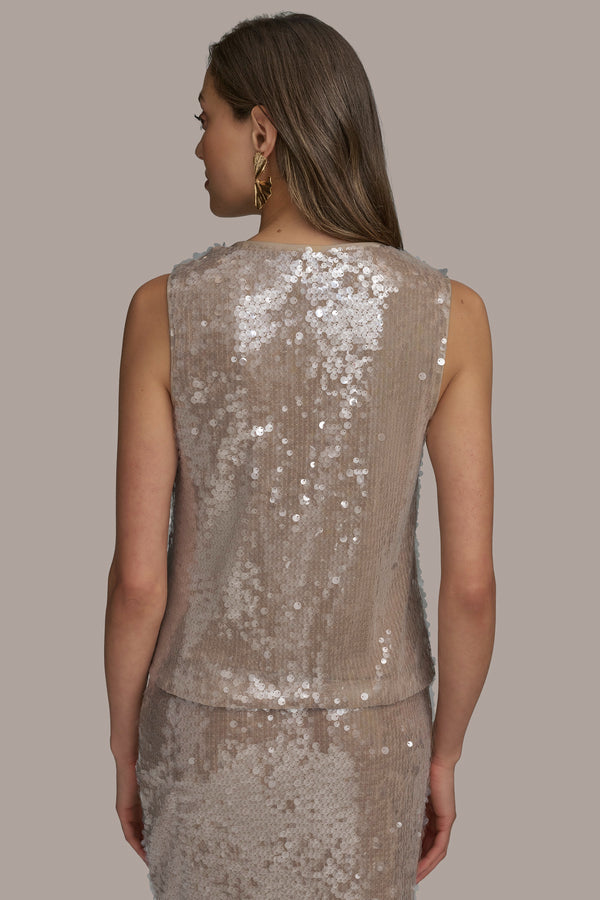 Donna Karan SEQUIN COWL NECK TOP HAZELNUT