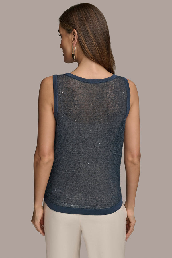 Donna Karan SEQUINED CROCHET KNIT SHELL Tide Navy