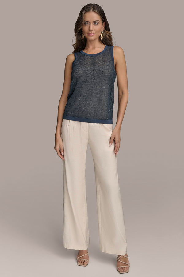 Donna Karan SEQUINED CROCHET KNIT SHELL Tide Navy