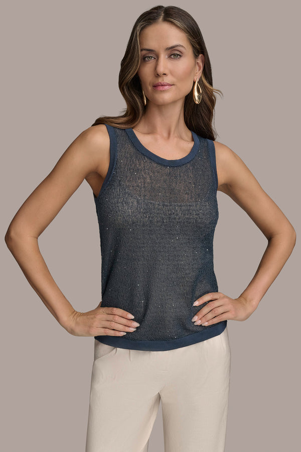 donna karan SEQUINED CROCHET KNIT SHELL Tide Navy