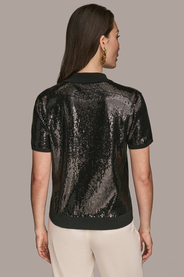 Donna Karan SEQUINED LINEN-BLEND POLO Black