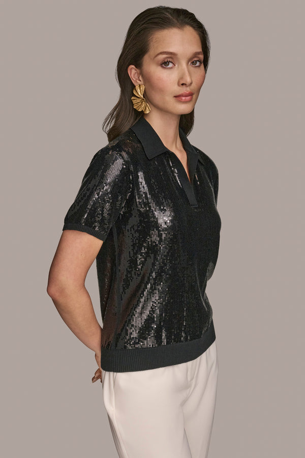Donna Karan SEQUINED LINEN-BLEND POLO Black