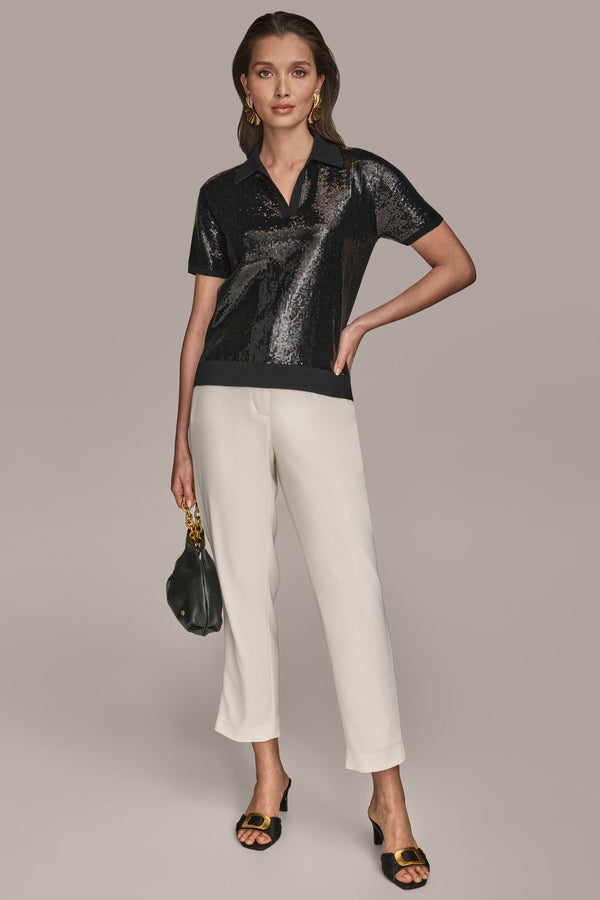 Donna Karan SEQUINED LINEN-BLEND POLO Black