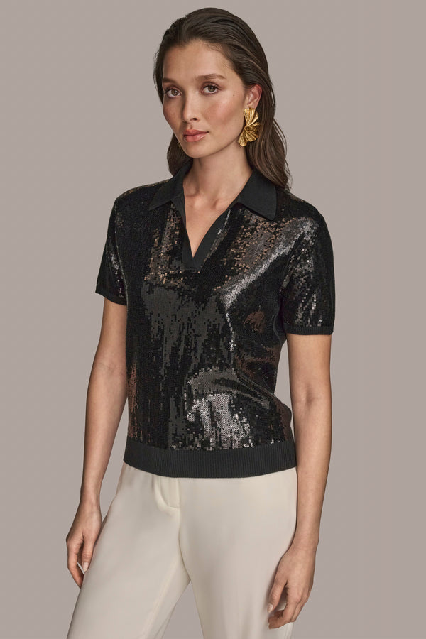 donna karan SEQUINED LINEN-BLEND POLO Black