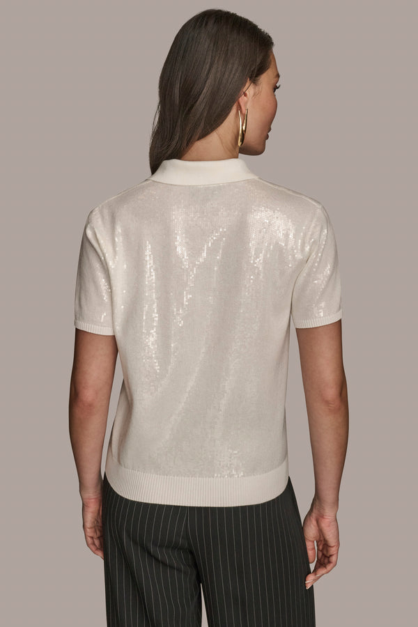 Donna Karan SEQUINED LINEN-BLEND POLO Cream
