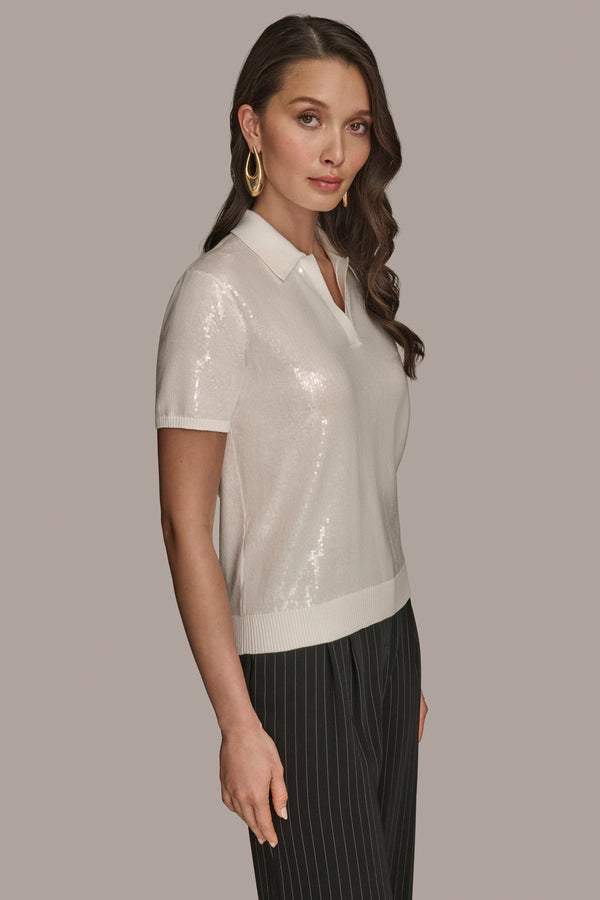 Donna Karan SEQUINED LINEN-BLEND POLO Cream
