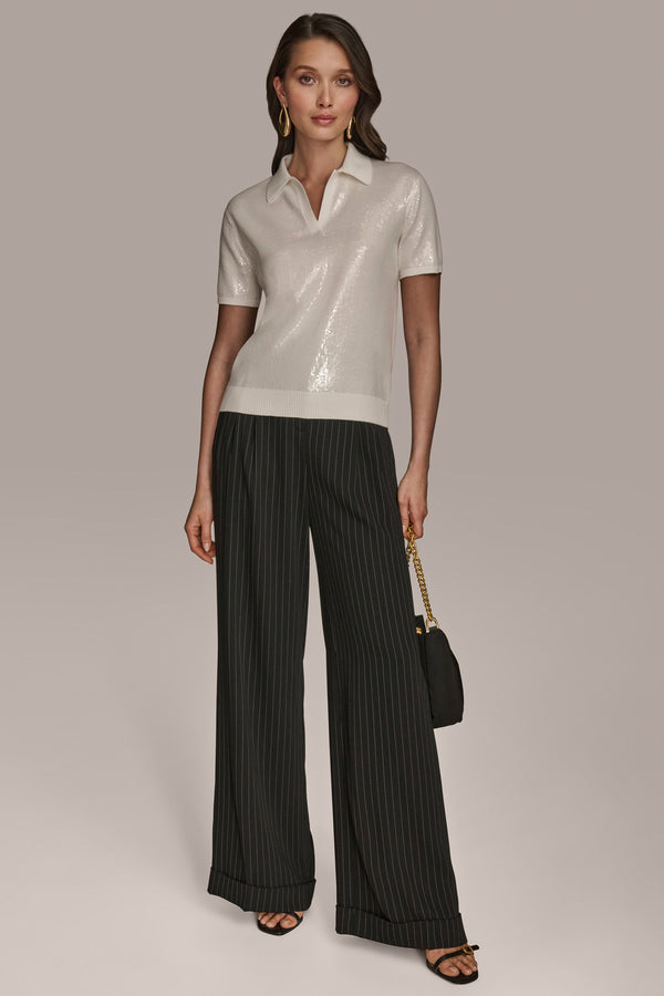 Donna Karan SEQUINED LINEN-BLEND POLO Cream