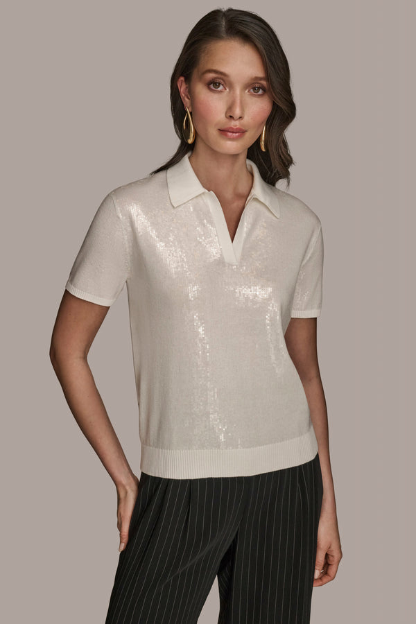 donna karan SEQUINED LINEN-BLEND POLO cream