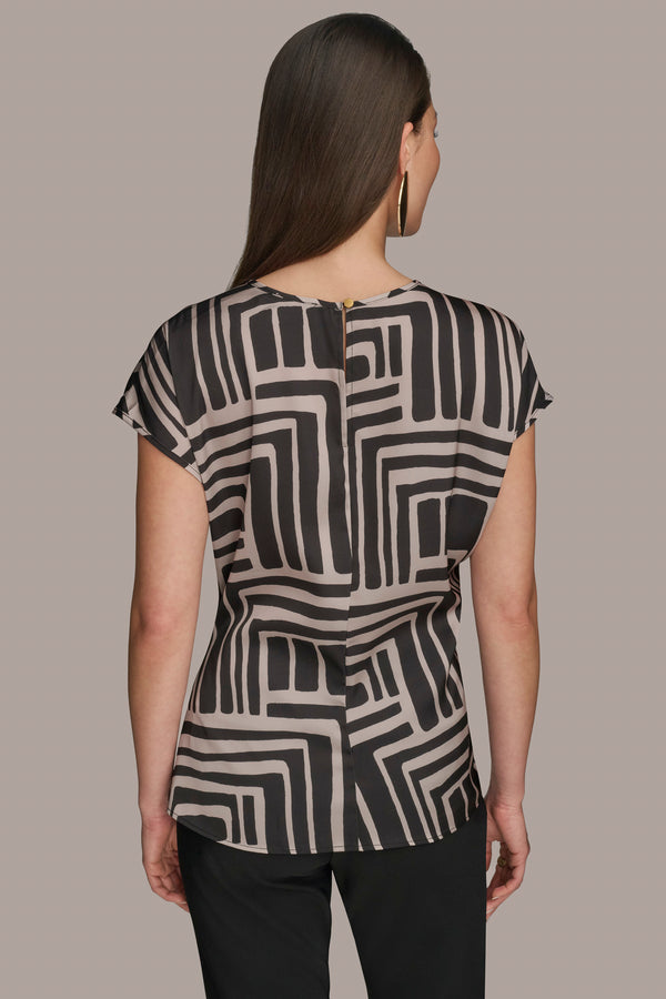 Donna Karan SHIRRED FLORAL TOP Black/Sand Combo