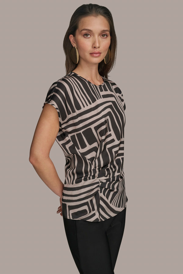 Donna Karan SHIRRED FLORAL TOP Black/Sand Combo