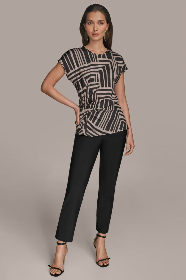 Donna Karan SHIRRED FLORAL TOP Black/Sand Combo