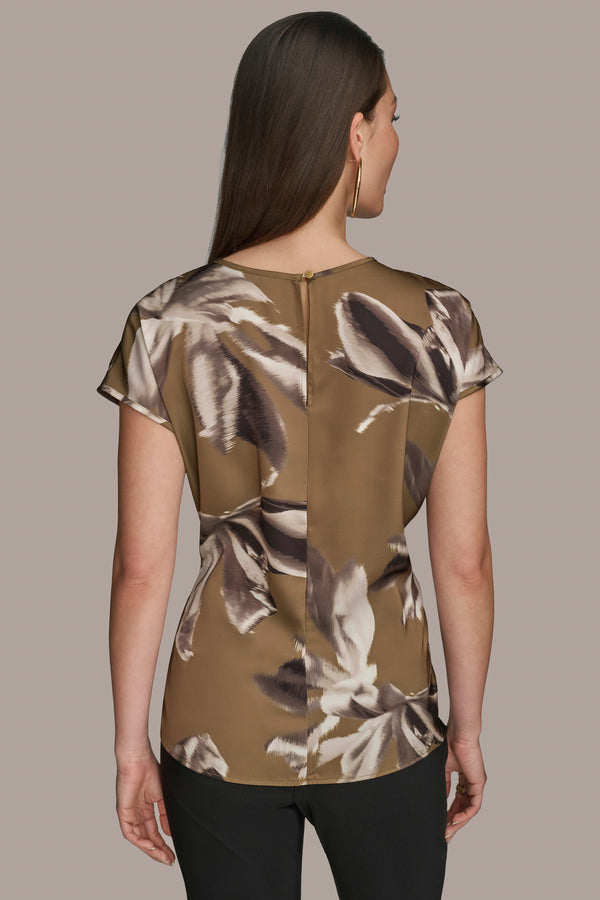 Donna Karan SHIRRED FLORAL TOP Smokey Olive Combo