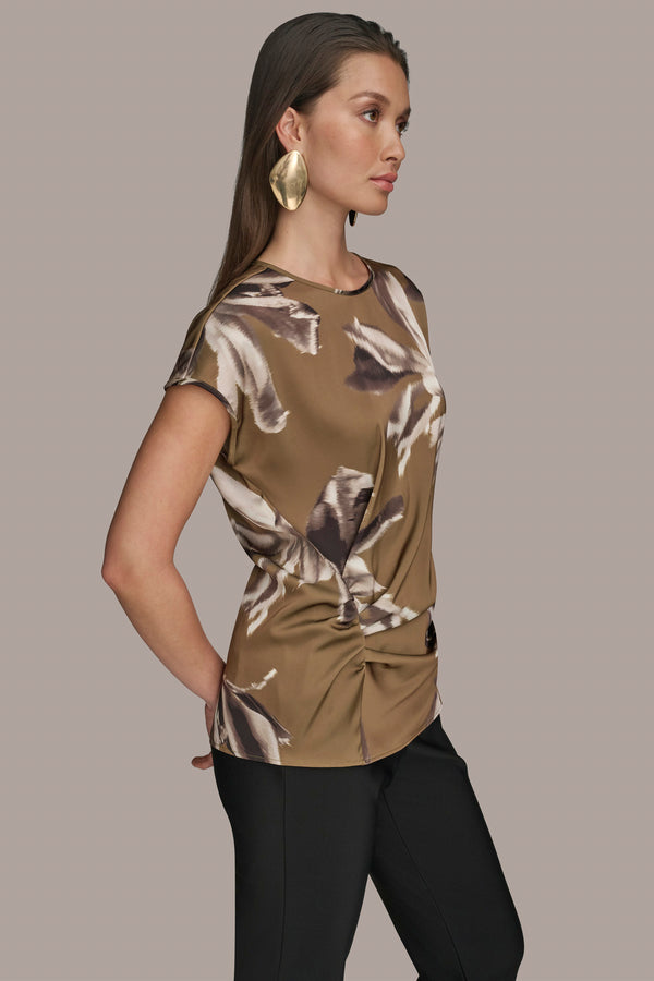 Donna Karan SHIRRED FLORAL TOP Smokey Olive Combo